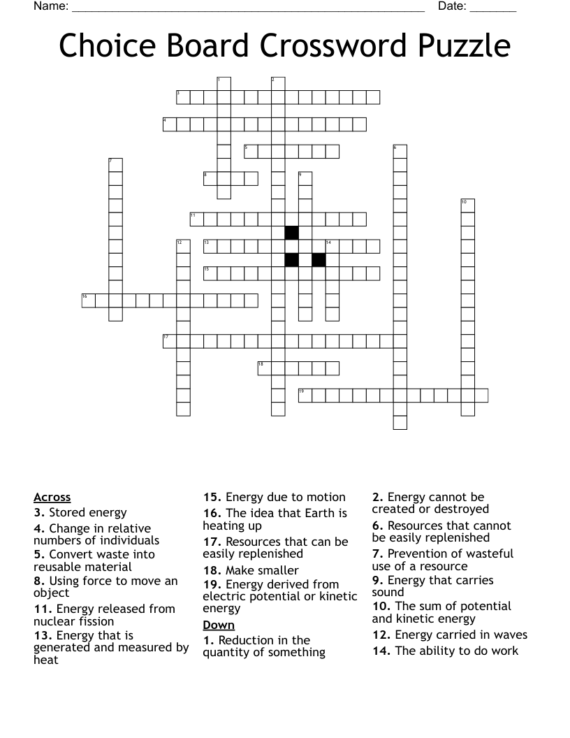 Choice Board Crossword Puzzle