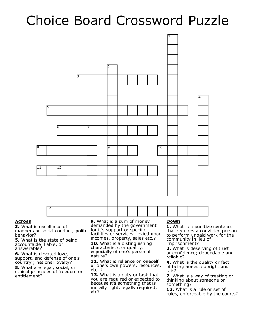 Choice Board Crossword Puzzle