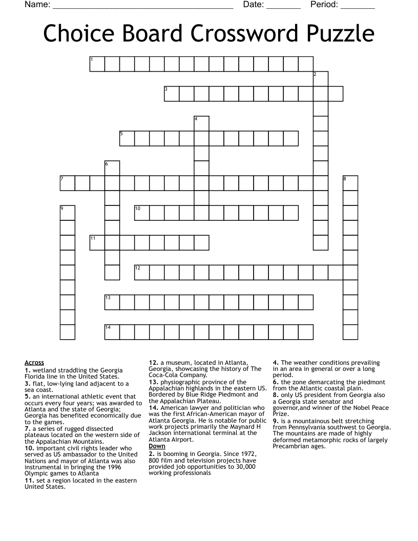 Choice Board Crossword Puzzle