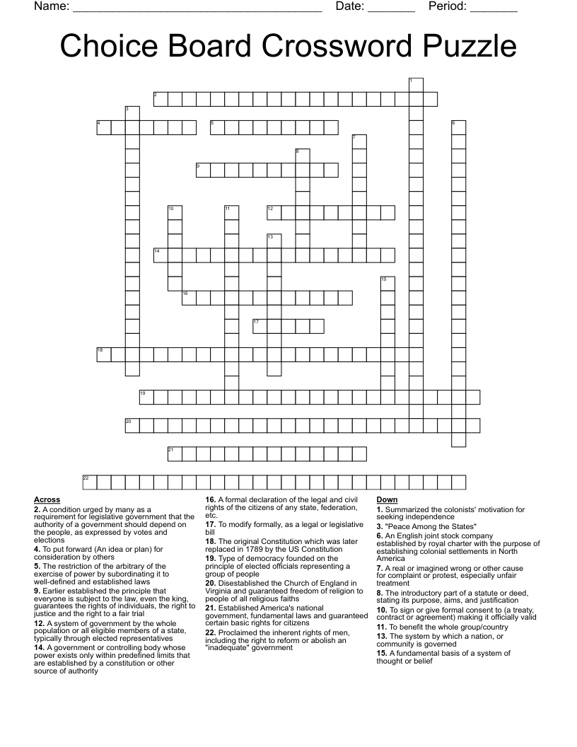 Choice Board Crossword Puzzle