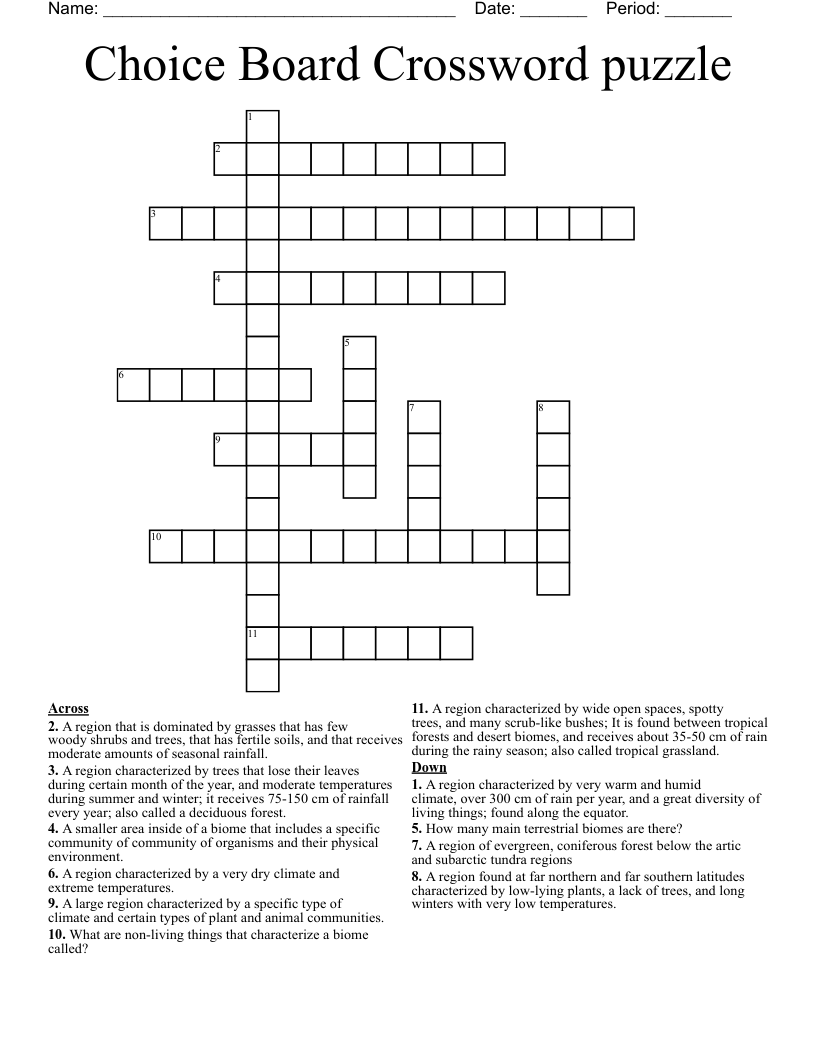 Choice Board Crossword puzzle