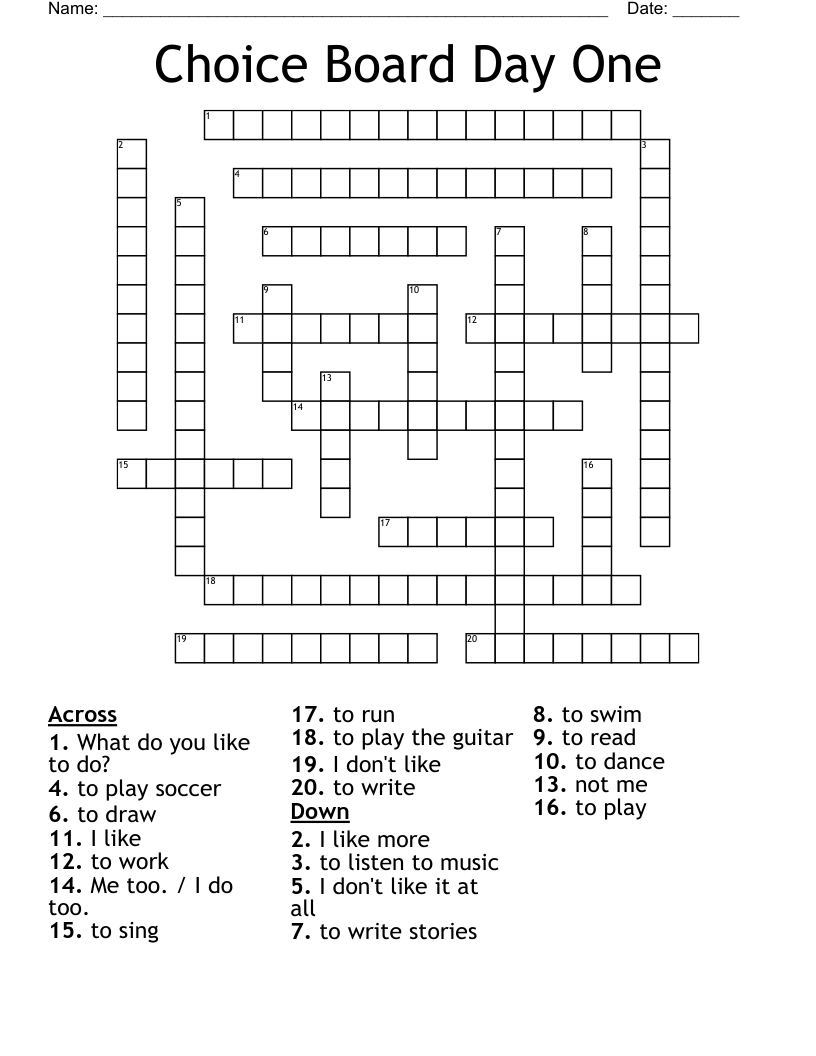 Choice Board Day One Crossword
