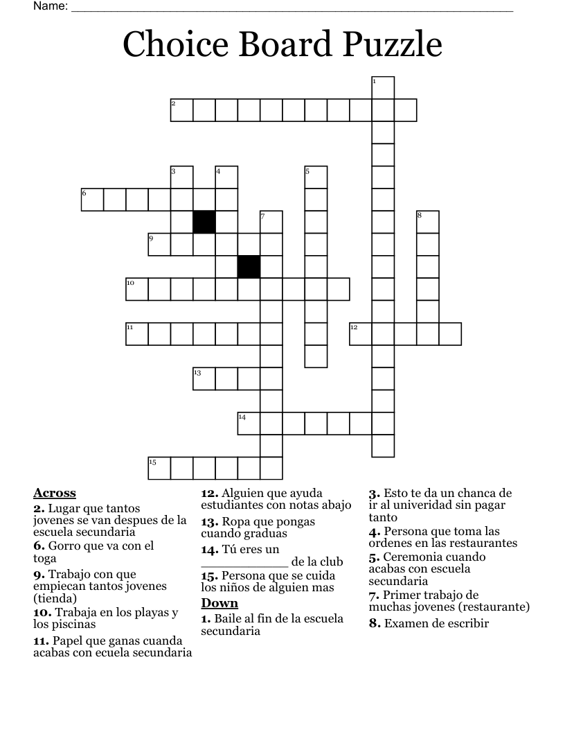 Choice Board Puzzle Crossword