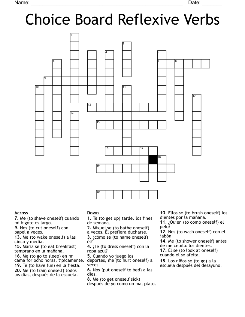 Choice Board Reflexive Verbs Crossword