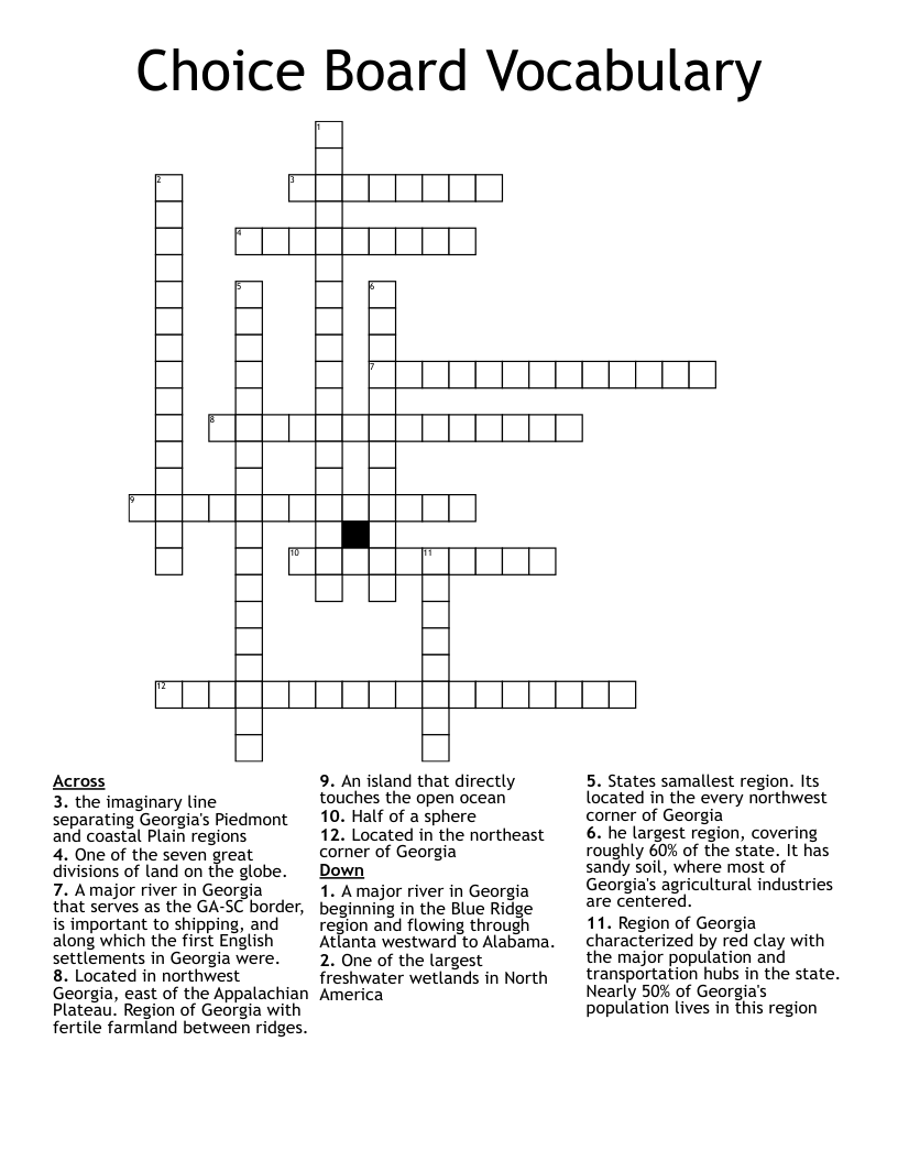Choice Board Vocabulary Crossword