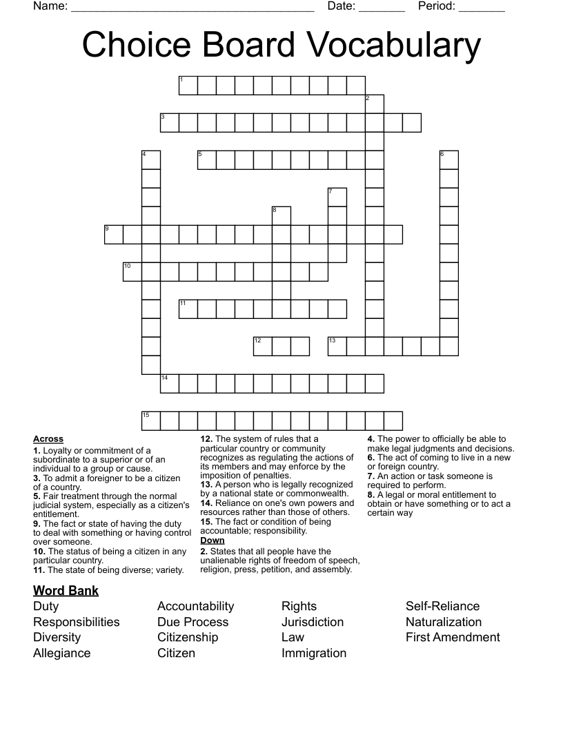 Choice Board Vocabulary Crossword