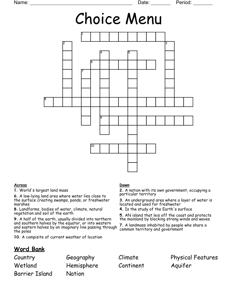 Choice Menu Crossword