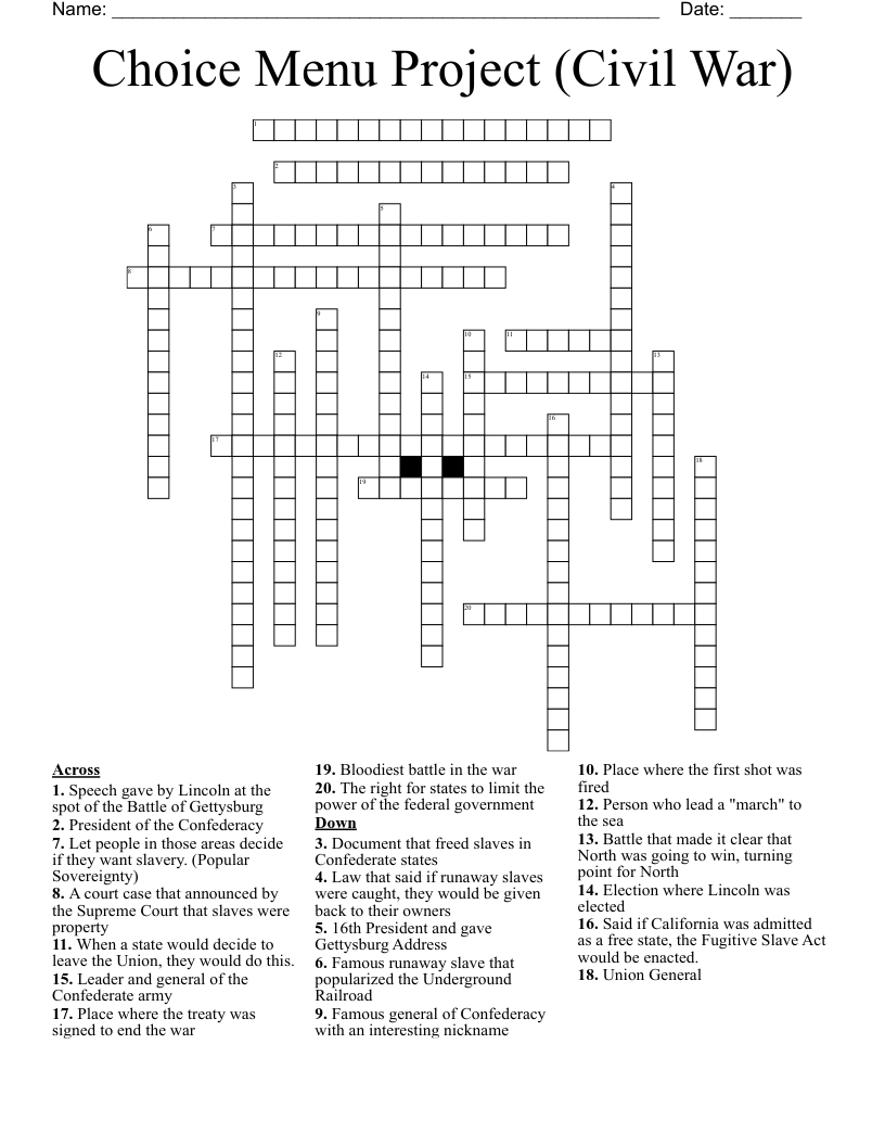 Choice Menu Project (Civil War) Crossword