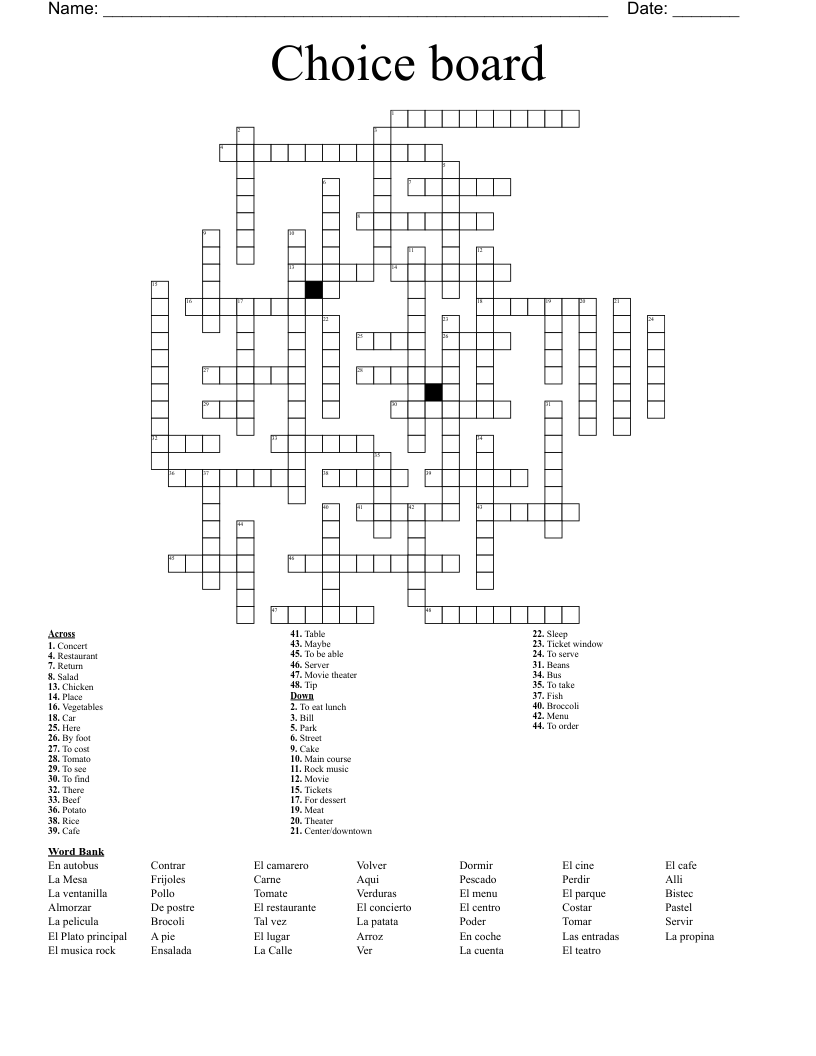 Choice board Crossword