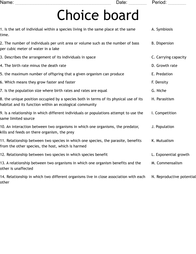 Choice board Worksheet