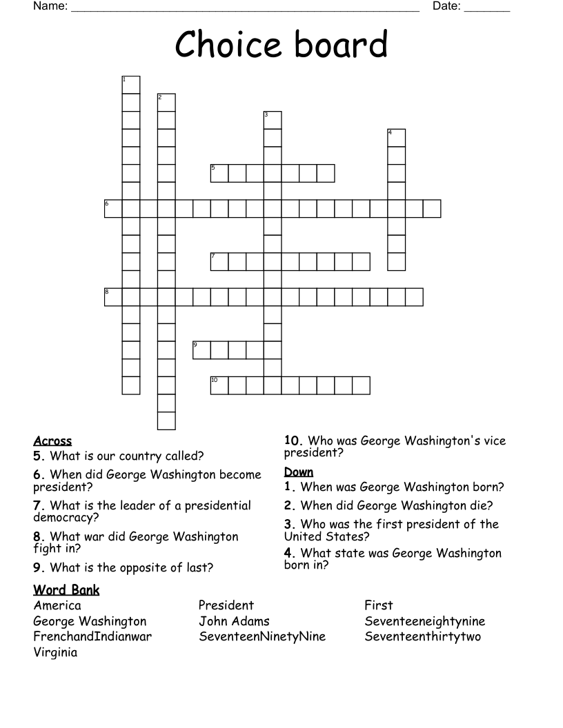 Choice board Crossword