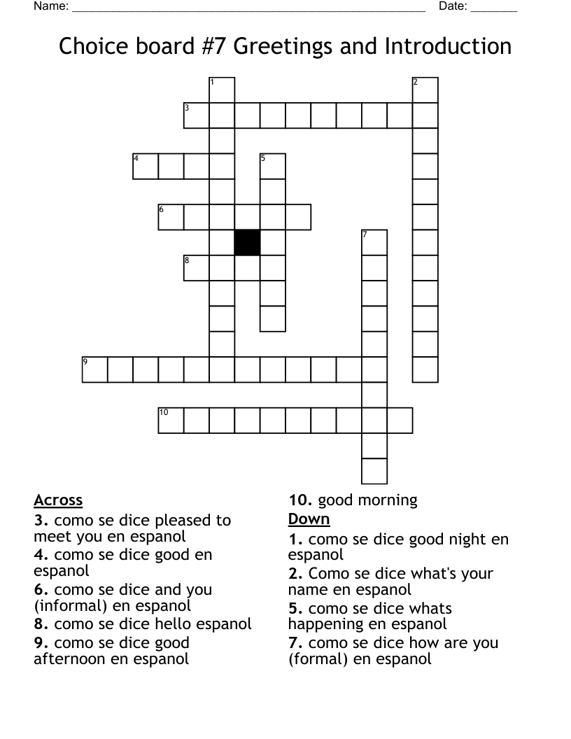 Choice board #7 Greetings and Introduction Crossword