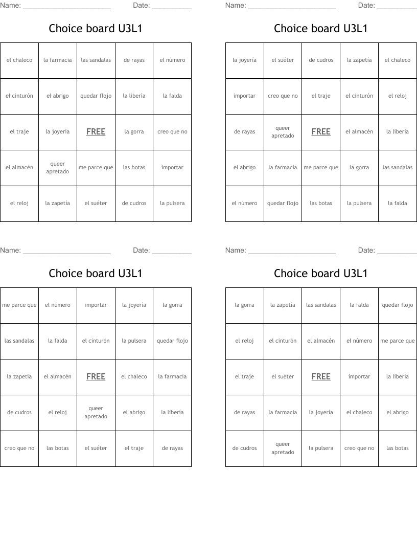 Choice board U3L1 Bingo Cards
