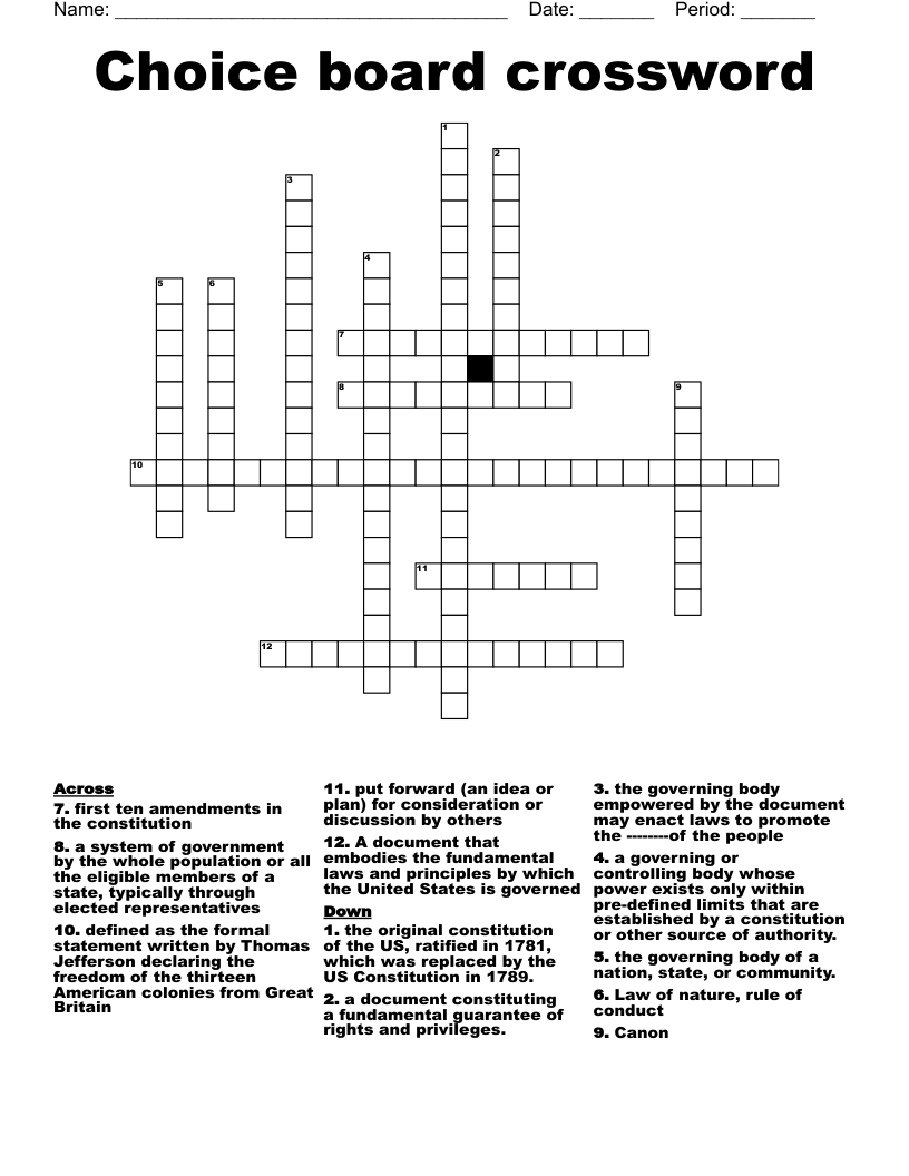 Choice board crossword