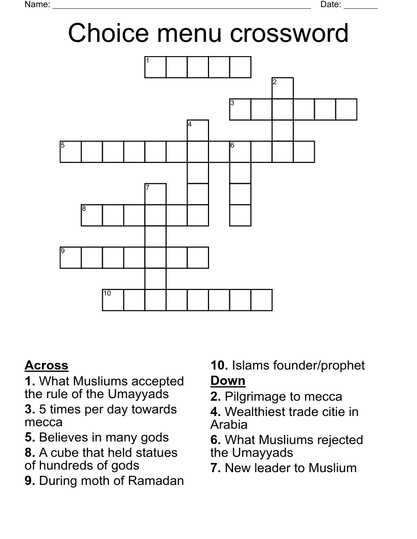 Choice menu crossword