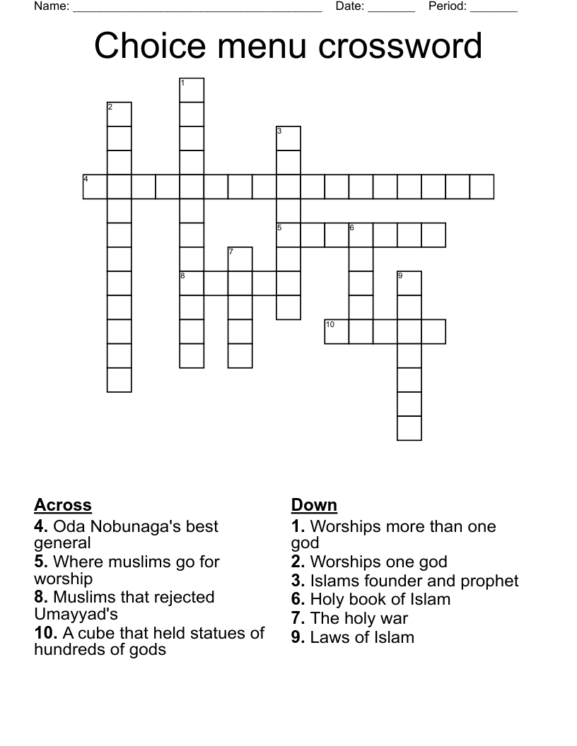 Choice menu crossword 