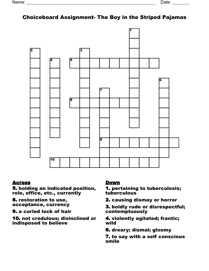 Choiceboard Assignment- The Boy in the Striped Pajamas  Crossword