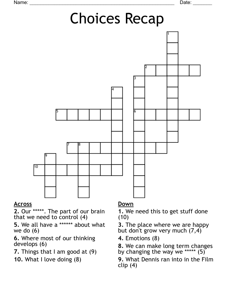 Choices Recap Crossword