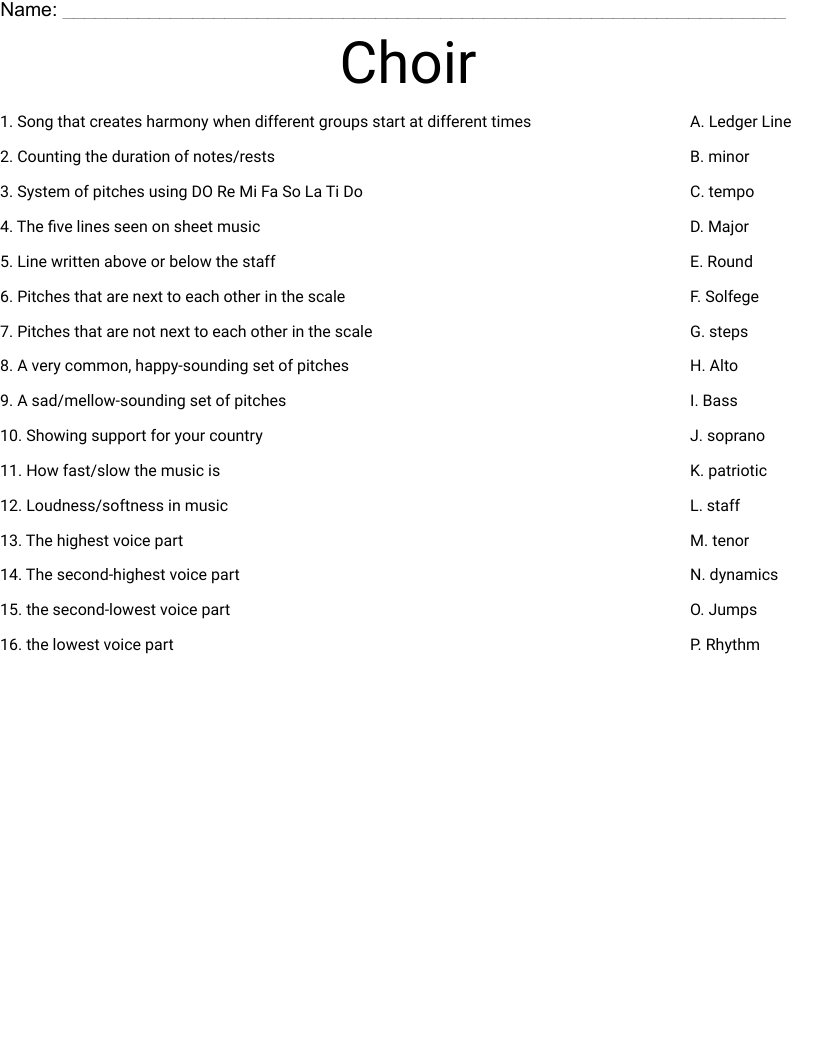 Choir Worksheet