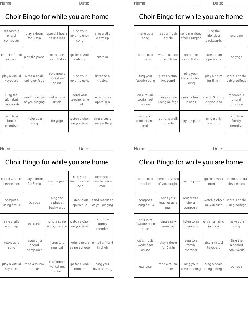 Choir Bingo for while you are home