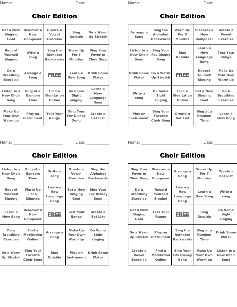 Choir Edition Bingo Cards