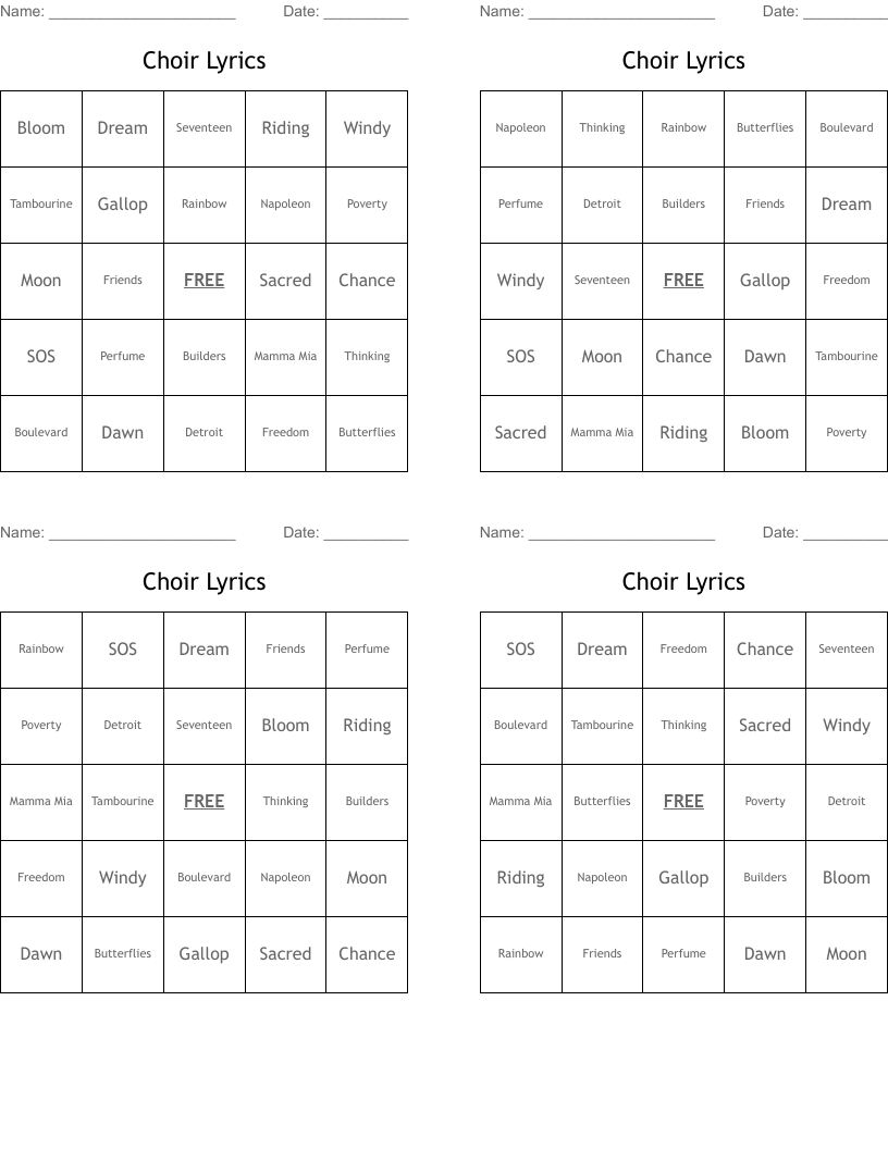 Choir Lyrics Bingo Cards
