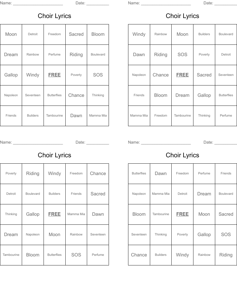 Choir Lyrics Bingo Cards