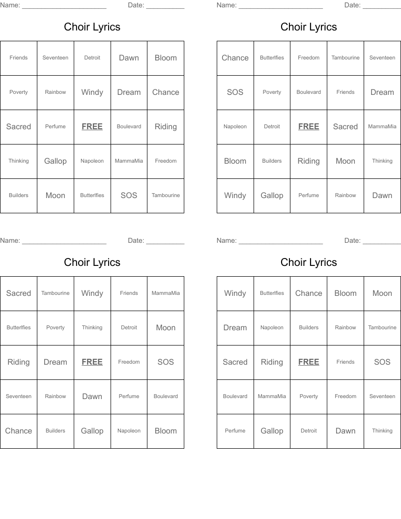Choir Lyrics Bingo Cards