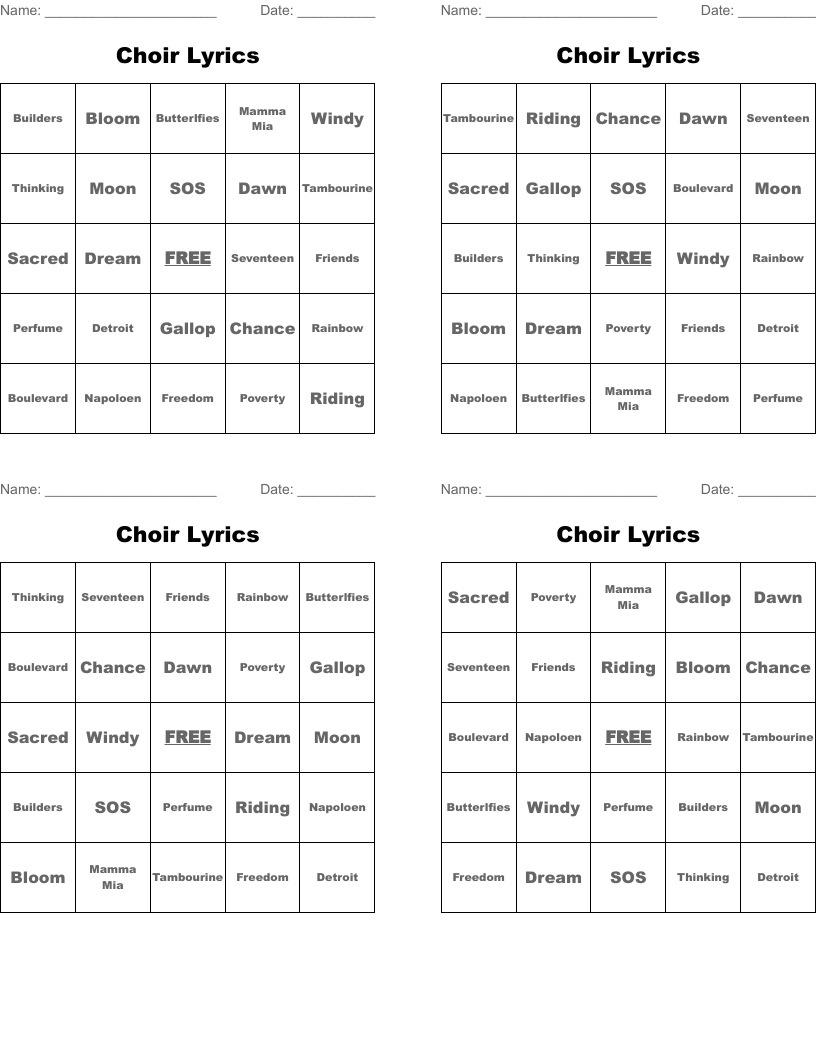 Choir Lyrics Bingo Cards