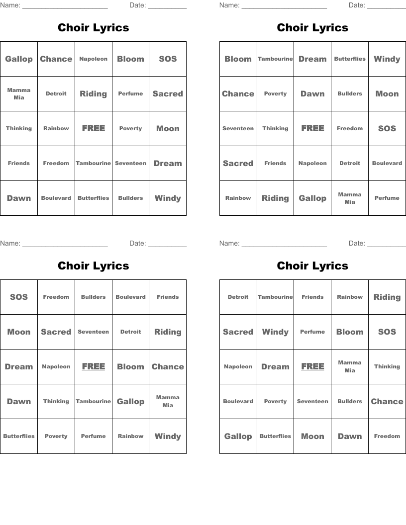 Choir Lyrics Bingo Cards