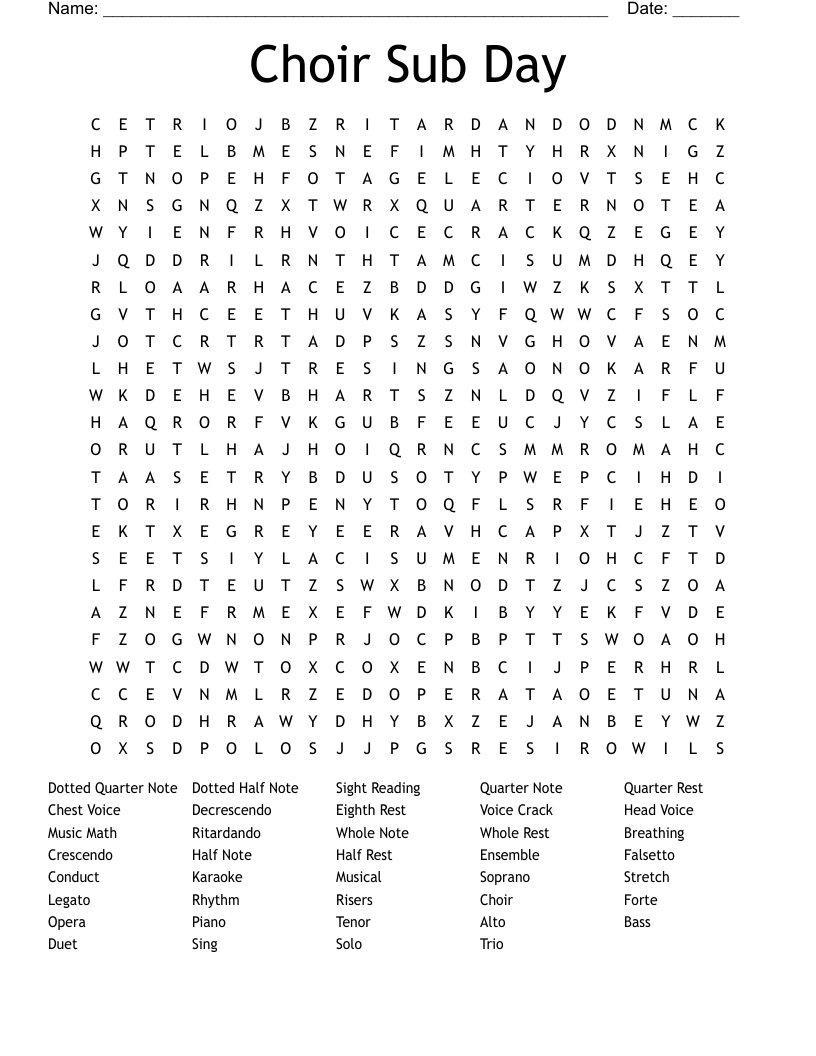 Choir Sub Day Word Search