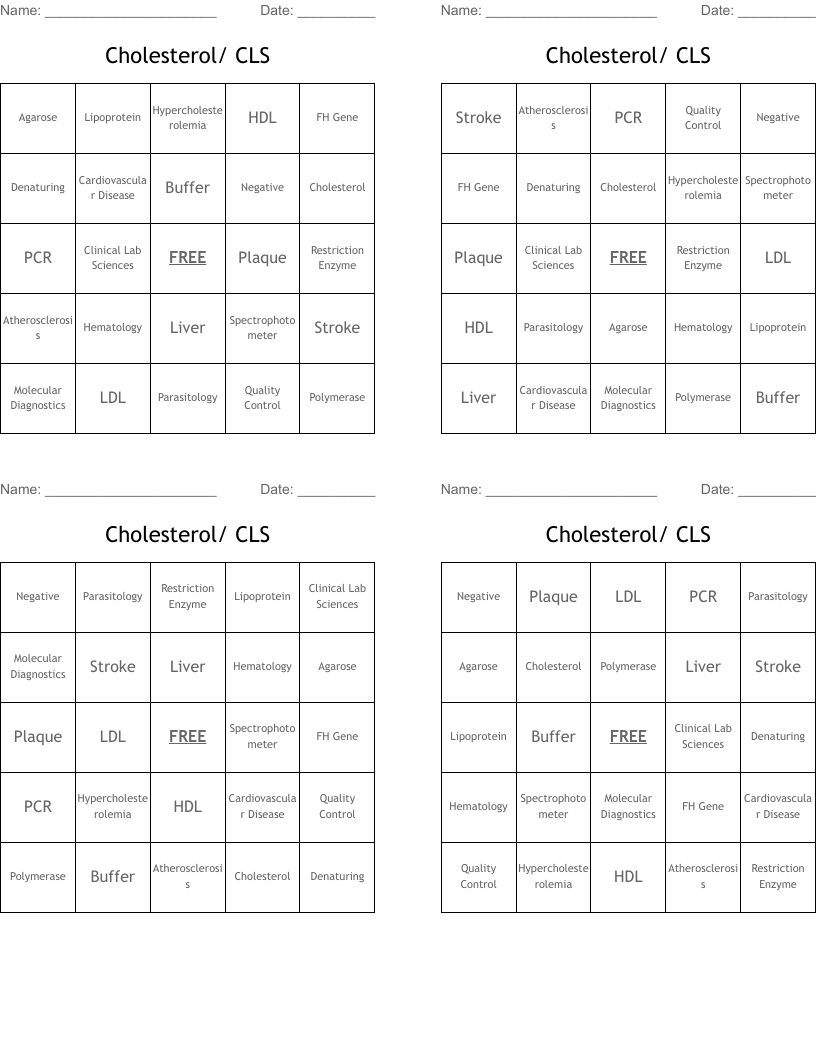 Cholesterol/ CLS Bingo Cards