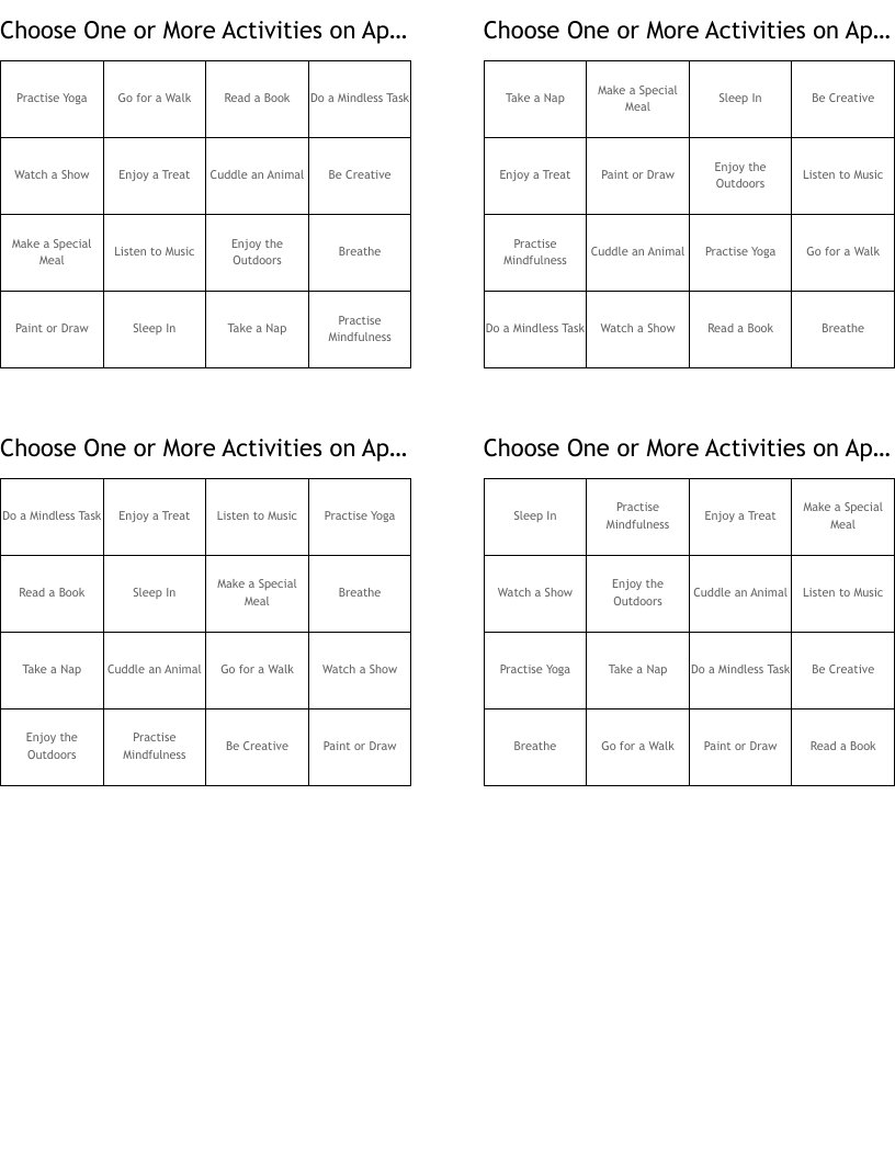 Choose One or More Activities on April 24 Bingo Cards