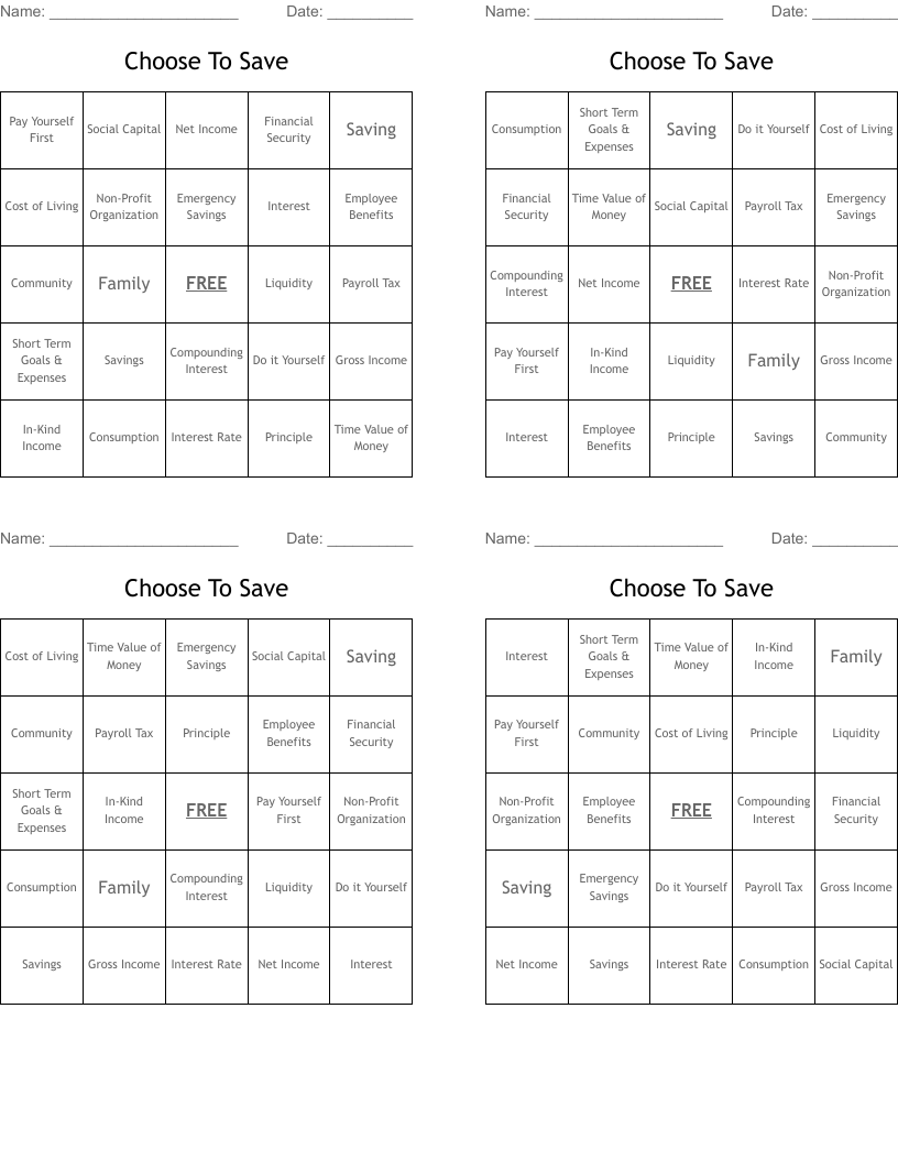 Choose To Save Bingo Cards