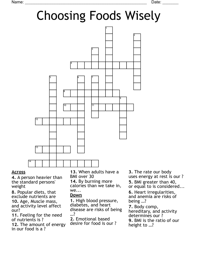 Choosing Foods Wisely  Crossword