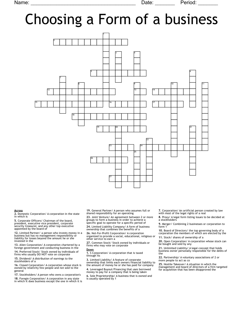 Choosing a Form of a business Crossword