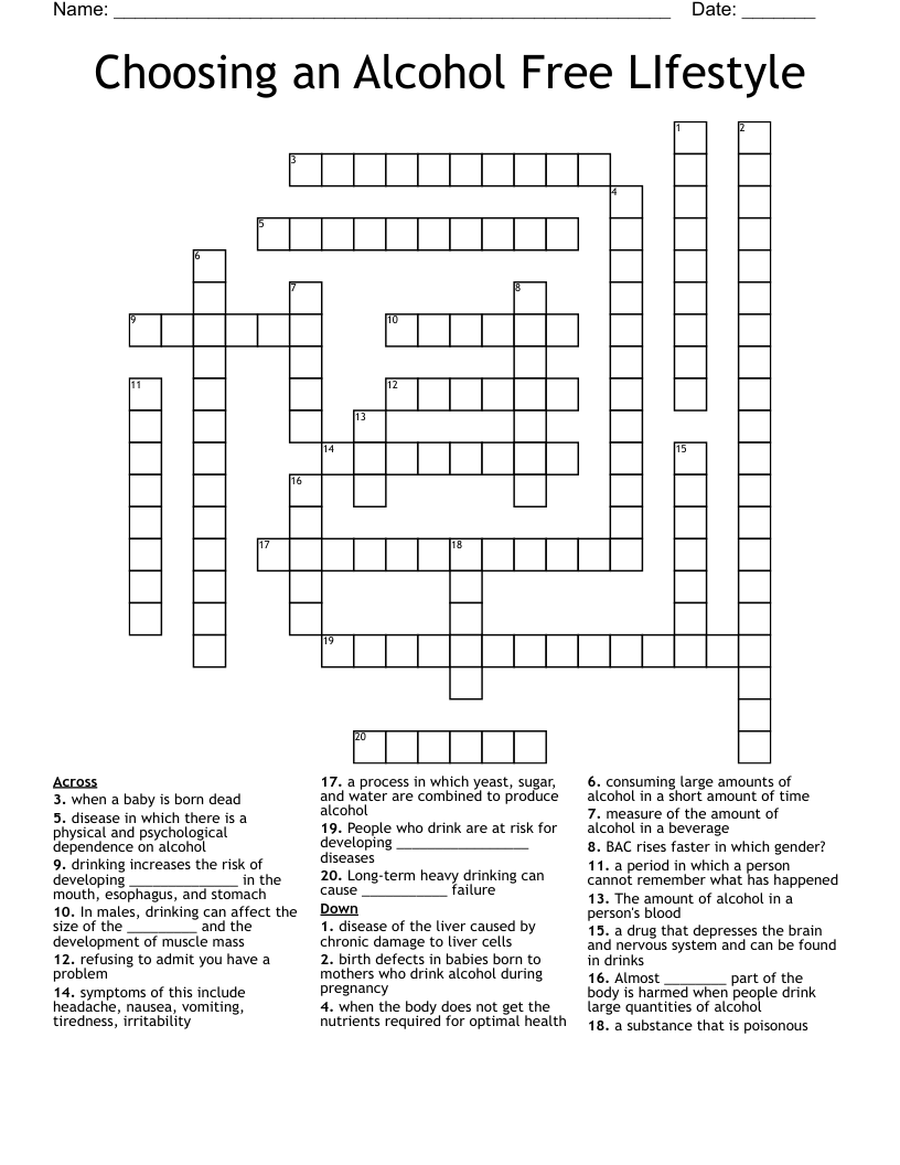 Choosing an Alcohol Free LIfestyle Crossword