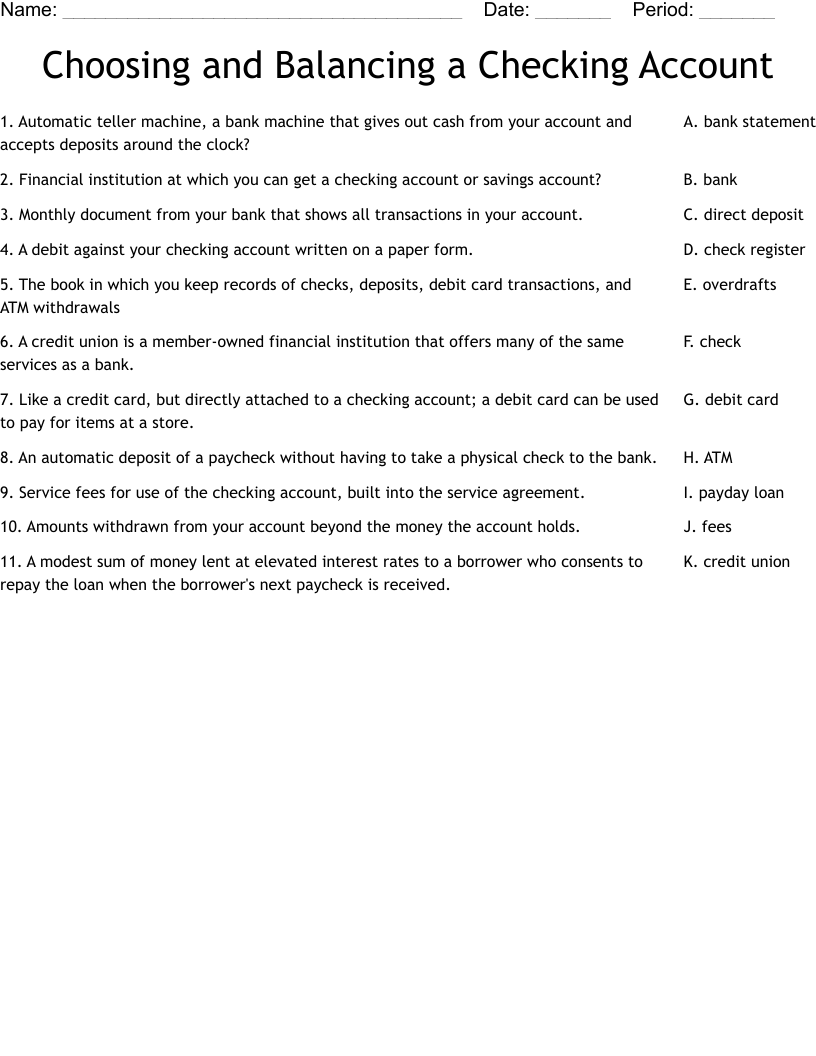 Choosing and Balancing a Checking Account Worksheet