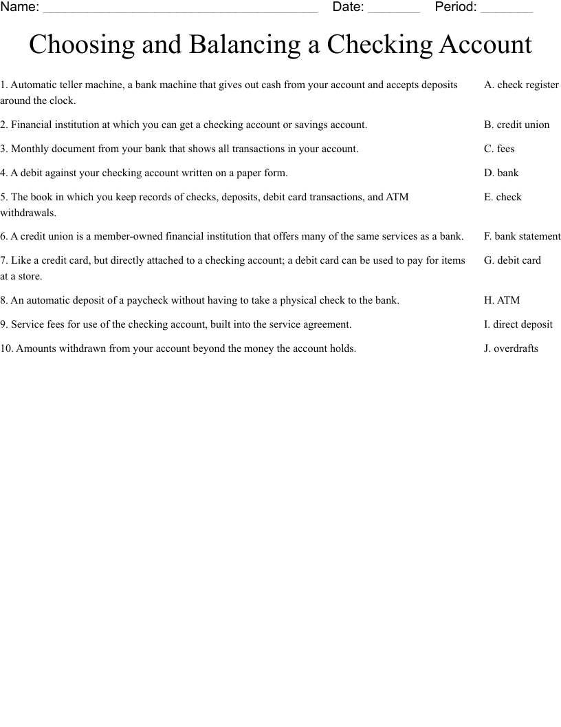 Choosing and Balancing a Checking Account Worksheet