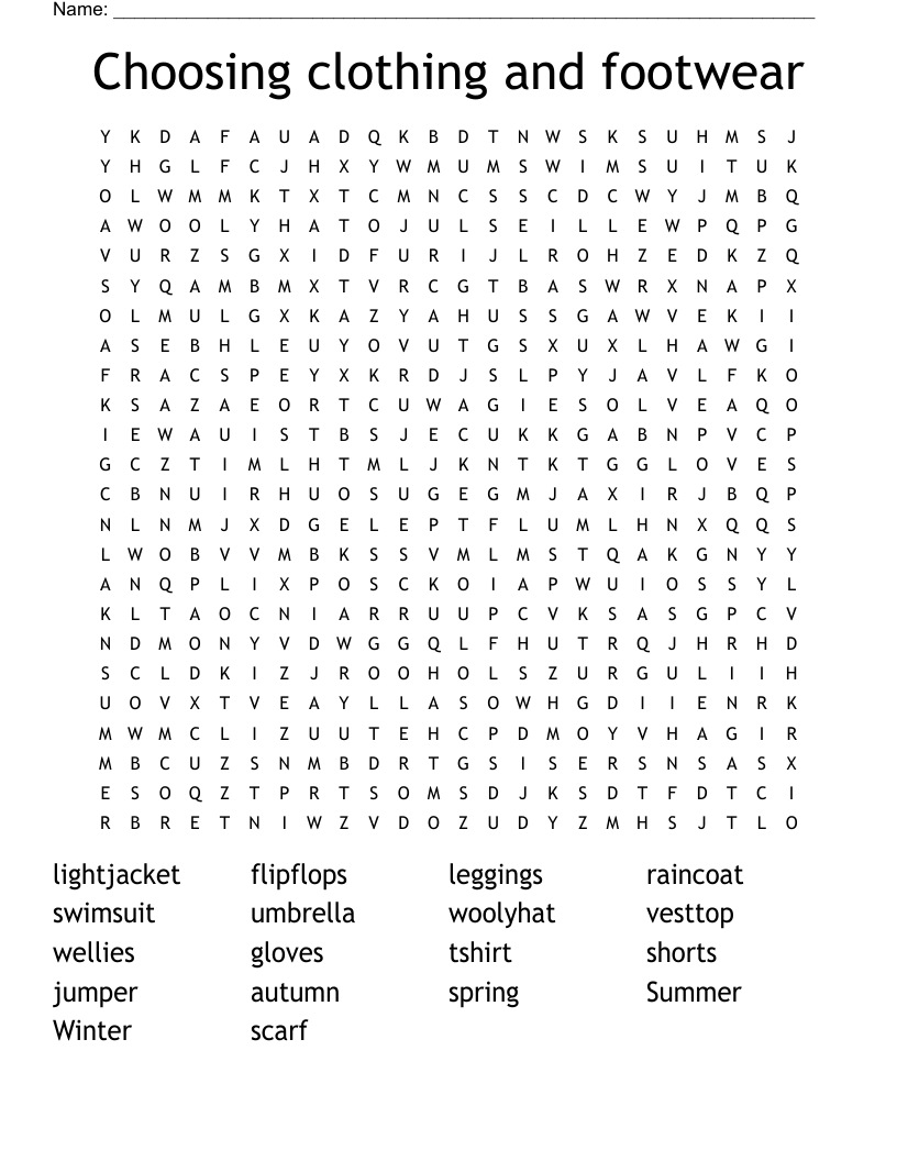 Choosing clothing and footwear Word Search
