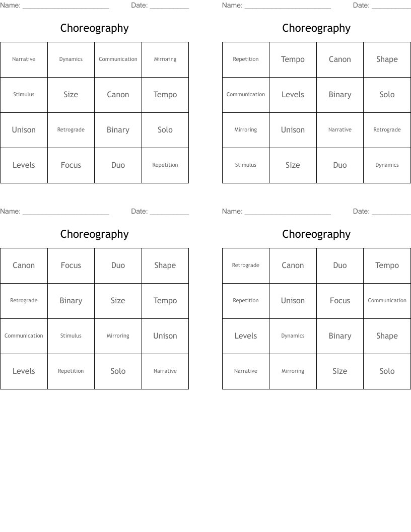 Choreography Bingo Cards