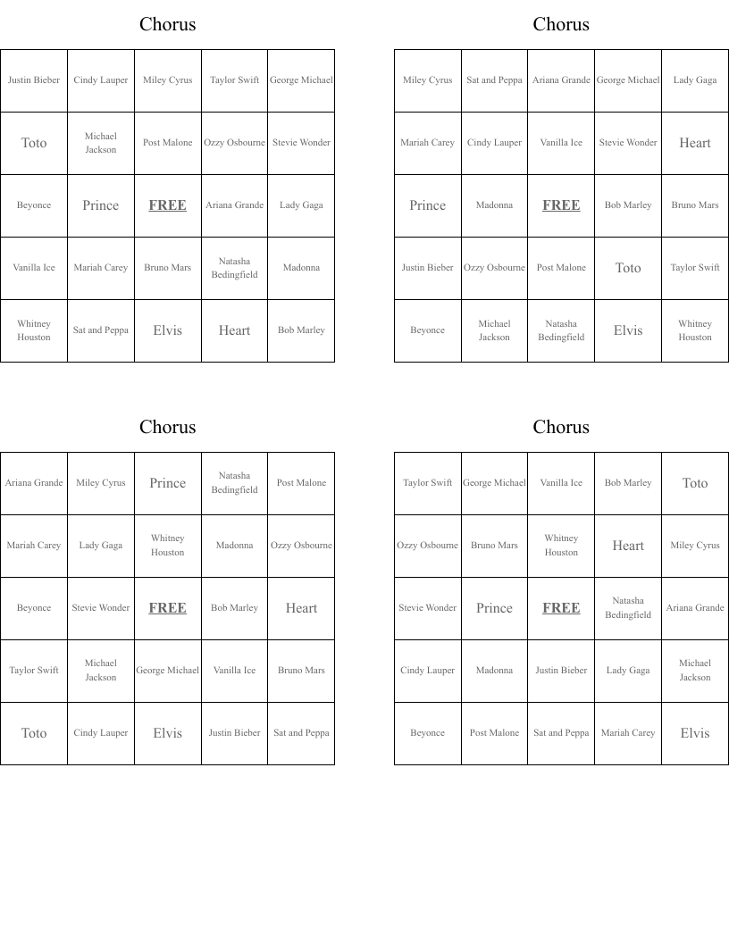 Chorus  Bingo Cards