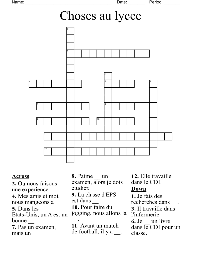 Choses au lycee Crossword