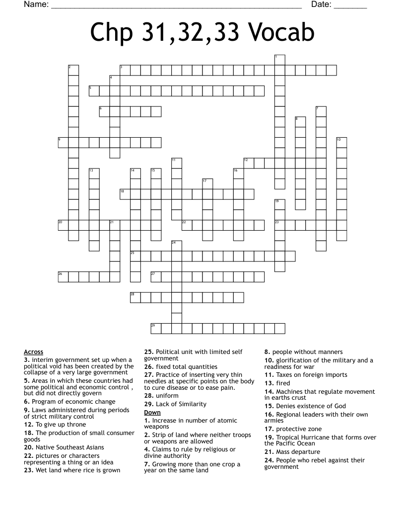 Chp 31,32,33 Vocab Crossword