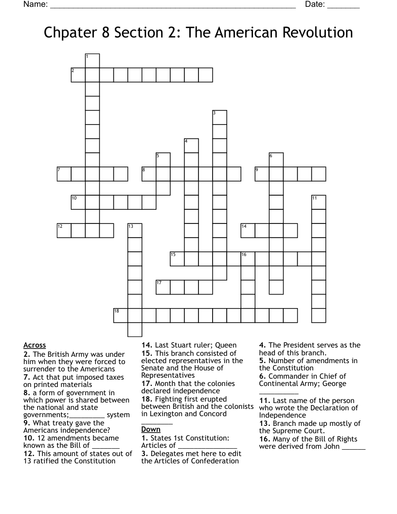 Chpater 8 Section 2:  The American Revolution Crossword