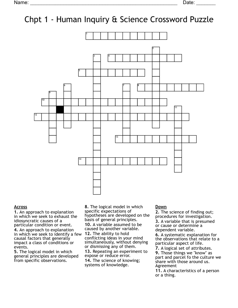 Chpt 1 - Human Inquiry & Science Crossword Puzzle