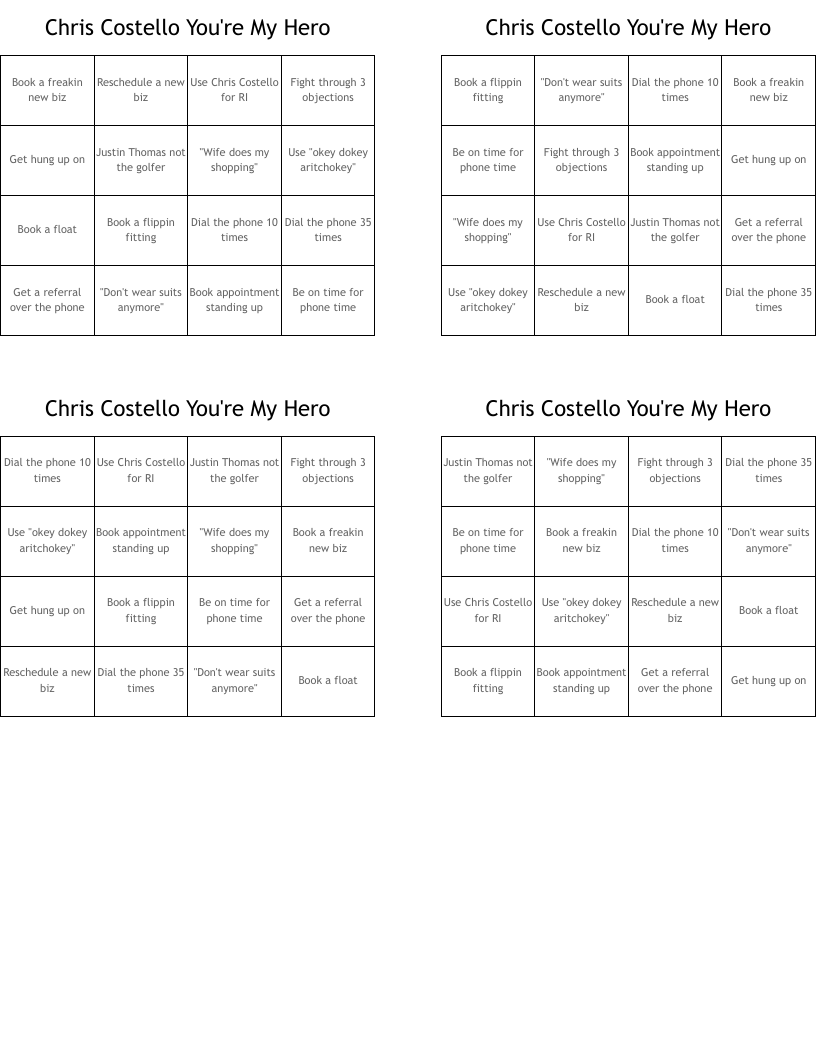Chris Costello You're My Hero Bingo Cards