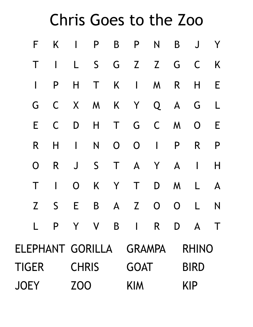 Chris Goes to the Zoo Word Search