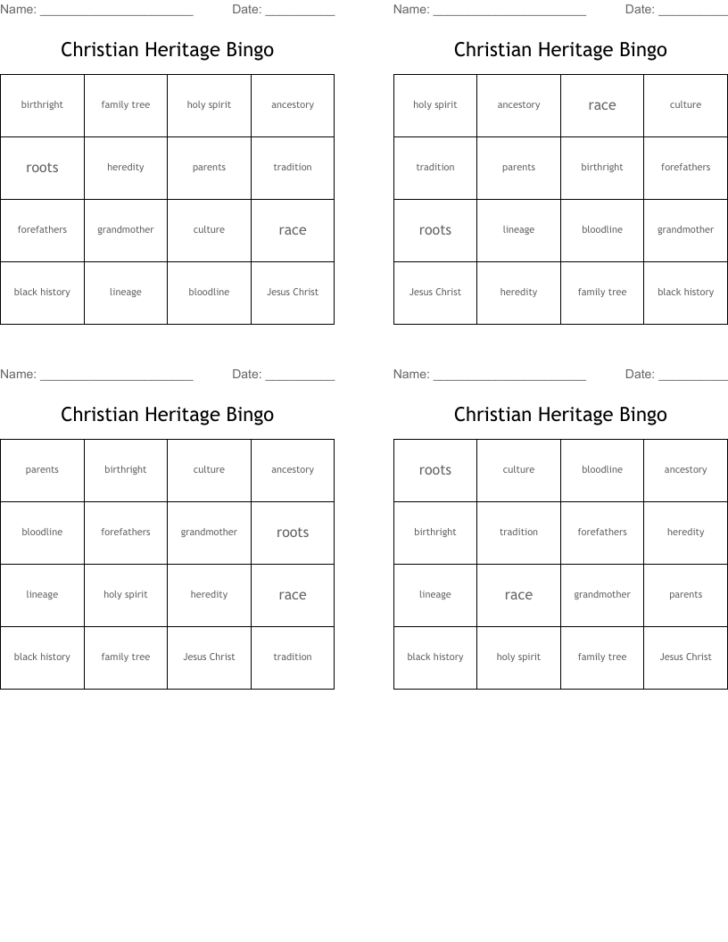 Christian Heritage Bingo