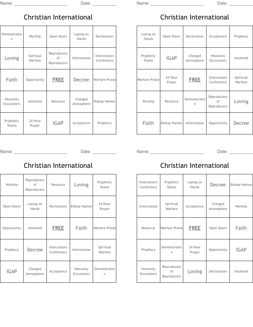 Christian International Bingo Cards